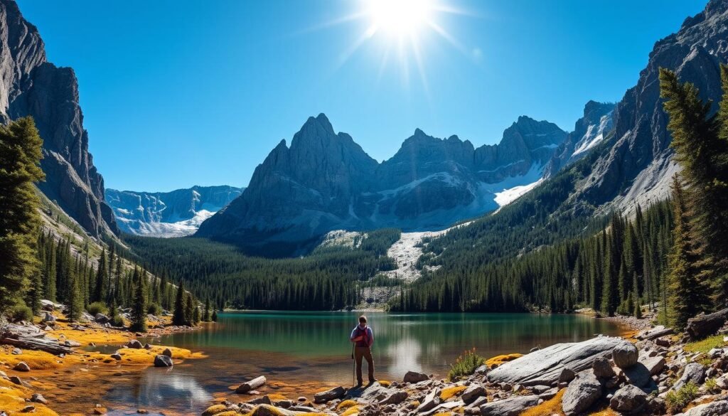 A breathtaking alpine landscape, the jagged peaks of the Gore Range piercing the azure sky. Towering granite sentinels stand guard over a serene mountain lake, its crystal-clear waters reflecting the surrounding forest. Sunlight filters through the canopy, casting a warm glow on the mossy banks. A solitary hiker pauses, taking in the stillness, surrounded by the untamed wilderness of Colorado's Eagles Nest Wilderness. A wide-angle lens captures the grandeur of this secluded scene, the tranquility and isolation palpable in every detail.