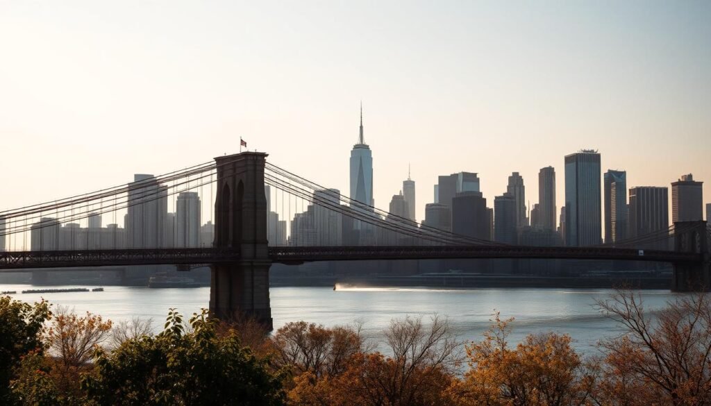A breathtaking panoramic view of the iconic New York City skyline, captured from the serene expanse of Brooklyn Bridge Park. In the foreground, the graceful arches of the historic Brooklyn Bridge span the East River, framing the towering skyscrapers of Manhattan in the distance. Warm, golden sunlight filters through the sky, casting a soft, ethereal glow over the scene. The city's silhouette is punctuated by the distinctive profiles of the Empire State Building, One World Trade Center, and other architectural landmarks, creating a captivating urban landscape. The image conveys a sense of tranquility and wonder, inviting the viewer to immerse themselves in the energy and dynamism of New York City.