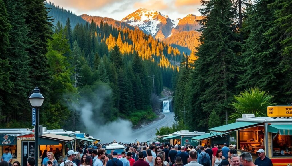 A bustling Portland food truck scene in the foreground, with an array of vibrant cuisine and lively crowds. In the middle ground, a winding path leading to a serene, cascading waterfall, its mist creating a dreamlike atmosphere. The background showcases lush, verdant forests and rugged, snow-capped peaks, bathed in warm, golden-hour lighting. The overall scene captures the essence of Portland's dynamic culinary culture seamlessly blending with the region's stunning natural beauty, inviting visitors to embark on a delightful weekend adventure.