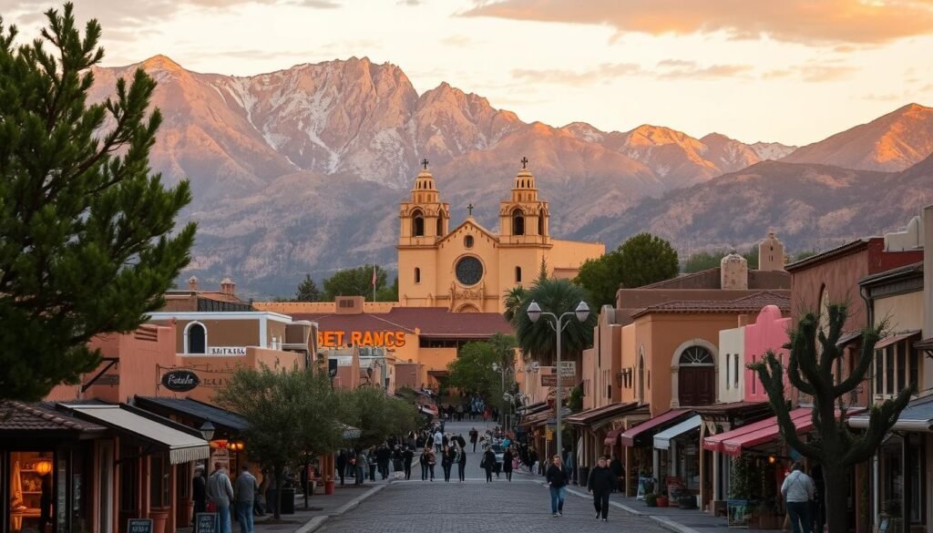 A bustling adobe city nestled against the dramatic Sangre de Cristo mountains, Santa Fe exudes a unique Southwestern charm. Cobblestone streets lined with galleries, artisan shops, and vibrant restaurants fill the foreground, while the iconic St. Francis Cathedral looms in the middle ground, its bell towers reaching skyward. In the background, the rugged peaks are bathed in warm, golden light, casting a serene, timeless ambiance over the scene. Capture the spirit of this artistic haven with a wide-angle lens, highlighting the juxtaposition of modern culture and ancient architecture that defines Santa Fe's allure.