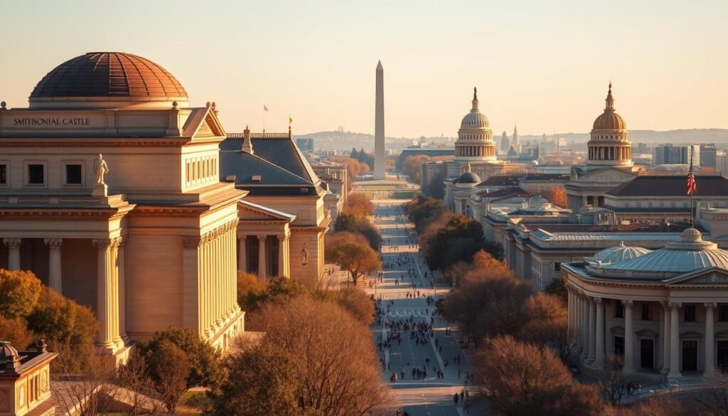 A bustling cityscape of iconic Washington D.C. museums, bathed in warm, golden afternoon light. In the foreground, the grand neoclassical facades of the Smithsonian Castle and National Museum of Natural History stand tall, their intricate architectural details and stately columns casting long shadows. In the middle ground, the National Mall stretches out, lined with the impressive edifices of the National Museum of American History, National Air and Space Museum, and National Museum of the American Indian. In the background, the Washington Monument and U.S. Capitol building rise up, their silhouettes hazy against a cloudless sky. The scene exudes a sense of timeless grandeur and cultural vibrancy, inviting the viewer to explore the wealth of art, history, and scientific wonder that Washington D.C.'s world-renowned museums have to offer.