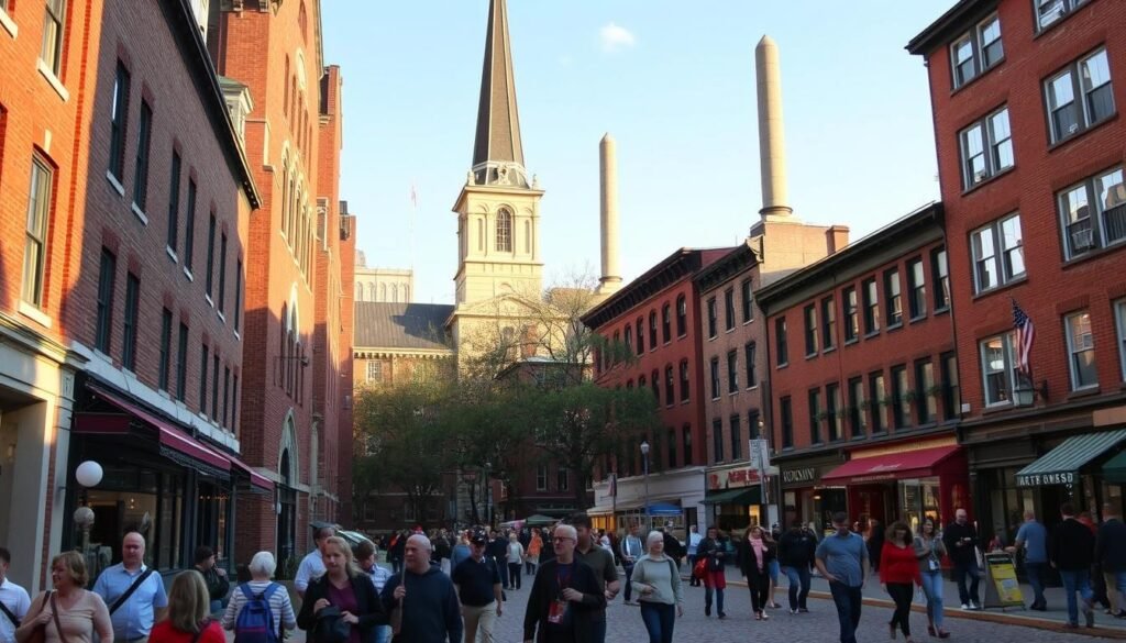 A bustling urban scene along the historic Boston Freedom Trail, with cobblestone streets, red brick buildings, and a crowd of tourists exploring the city's storied past. In the foreground, a group of people pause to admire the soaring steeple of an old church, bathed in warm, golden sunlight. In the middle ground, passersby stroll by quaint shops and cafes, while in the background, the iconic Bunker Hill Monument stands tall, a testament to the American Revolution. The atmosphere is one of timeless charm and intellectual curiosity, inviting visitors to immerse themselves in the rich history and lively culture of this quintessential New England city.