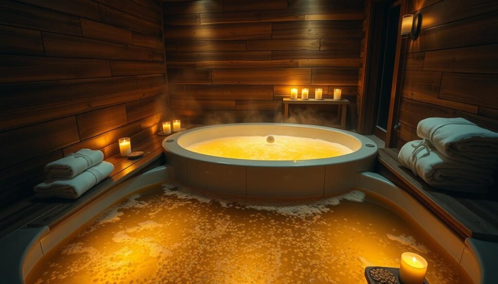 A cozy, dimly lit spa interior with a large, steaming thermal bath in the center. The bath is filled with a golden, bubbly liquid that appears to be a craft beer, complete with floating barley and hops. The walls are made of warm, weathered wood panels, and there are soft, plush towels and robes neatly folded nearby. The lighting is soft and inviting, with a mix of subtle ambient lighting and gentle, flickering candles. The atmosphere is one of deep relaxation and rejuvenation, perfect for a soothing beer bath experience in the heart of a cool-weather city.