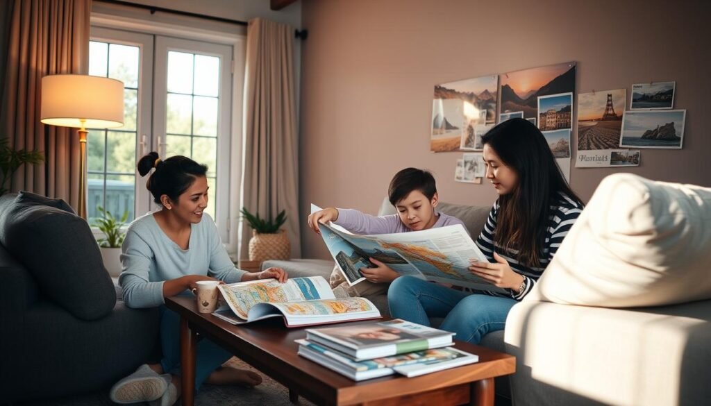 A cozy living room with a family gathered around a coffee table, poring over travel guides and maps. Soft lighting from a floor lamp casts a warm glow, while the afternoon sun streams in through large windows, illuminating a mood board of vacation destinations pinned to the wall. The family, dressed in casual attire, is deep in discussion, their faces animated as they weigh the pros and cons of potential weekend getaways - perhaps a scenic mountain retreat, a beachside oasis, or a historic city exploration. The scene conveys a sense of anticipation and togetherness as they plan their next family adventure.