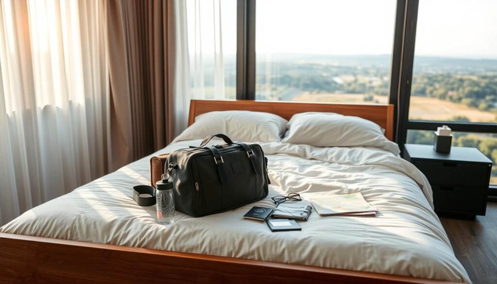 A cozy, minimalist bedroom setting, with a wooden bed frame and plush bedding. On the bed, a neatly packed travel bag, a small crossbody bag, a water bottle, and essential items like a passport, sunglasses, and a map. Soft, natural lighting filters through sheer curtains, casting a warm glow on the scene. In the background, a large window overlooks a serene outdoor landscape, suggesting the excitement of an upcoming journey. The overall mood is one of anticipation, preparedness, and a sense of adventure.