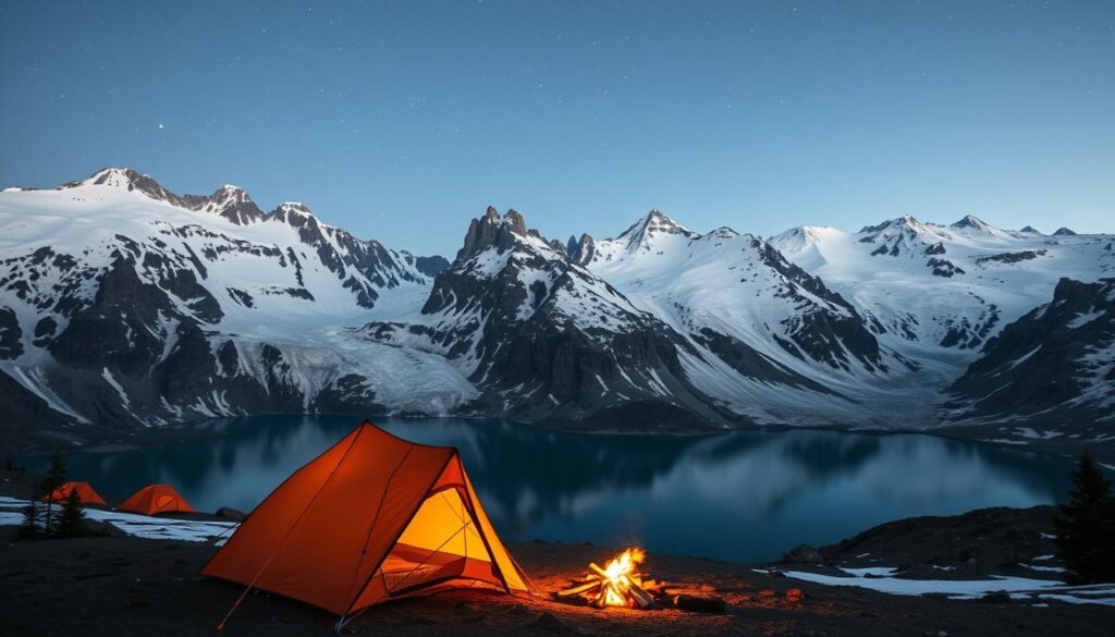 A high-altitude camp nestled amidst the snow-capped peaks of the North Cascades, the Sahale Glacier Camp offers a breathtaking vista. In the foreground, a cozy tent stands sentinel, its fabric aglow with the warm light of a campfire. The middle ground features a pristine glacial lake, its surface mirroring the towering granite spires that surround it. In the distance, a tapestry of jagged, ice-crowned peaks stretch towards the heavens, their silhouettes etched against a starry night sky. The air is crisp, the silence profound, inviting the weary hiker to bask in the grandeur of this untamed alpine realm.
