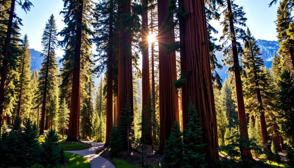 A lush, expansive grove of towering sequoia trees, their reddish-brown bark reaching skyward in Redwood Canyon, Kings Canyon National Park. The sunlight filters through the dense canopy, casting a warm, golden glow over the scene. In the foreground, a winding trail leads through the ancient forest, inviting hikers to explore this enchanting natural wonder. The middle ground features a mix of young and mature sequoias, their majestic presence commanding attention. In the background, rugged, snow-capped peaks rise up, creating a dramatic backdrop for this serene and awe-inspiring landscape.