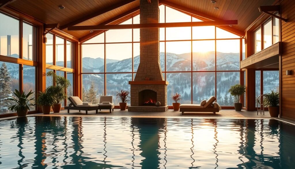 A luxurious indoor spa nestled in the serene Allegheny Mountains, bathed in warm, golden light filtering through large windows. The foreground features a tranquil pool with a seamless, reflective surface, surrounded by plush lounge chairs and lush potted plants. The middle ground showcases an ornate, stone fireplace and wooden accents that blend harmoniously with the natural environment. In the background, majestic snow-capped peaks can be seen through the panoramic windows, creating a sense of peaceful isolation. The overall atmosphere exudes a soothing, holistic ambiance, perfect for a wellness retreat.