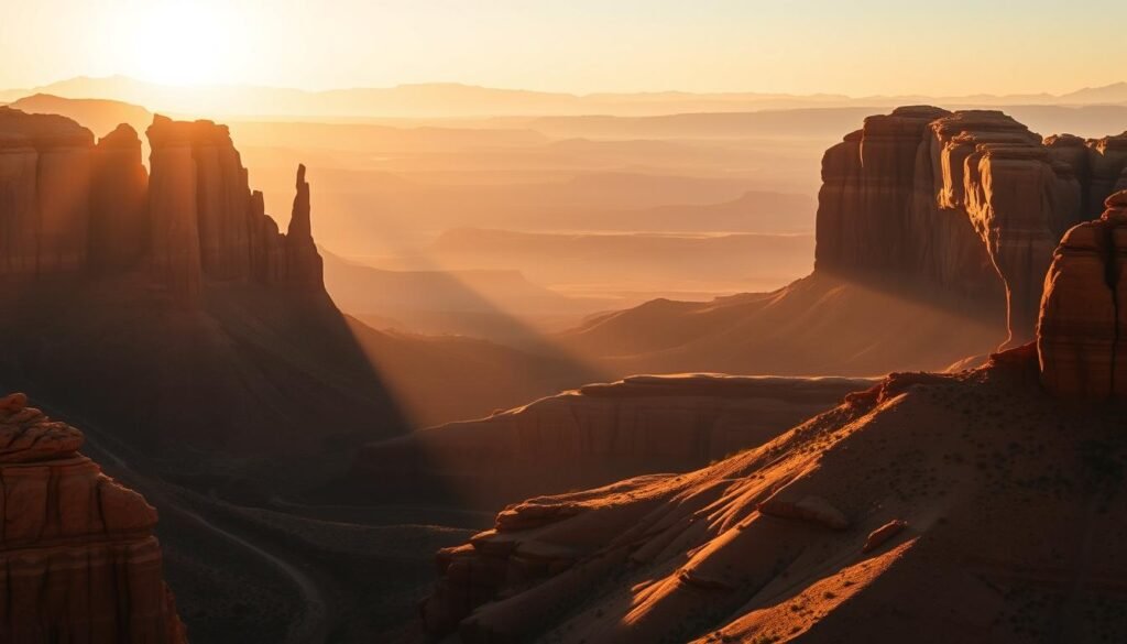 A magnificent desert sunrise illuminates the majestic red rock formations of Moab, Utah. In the foreground, towering sandstone cliffs and natural arches cast long shadows across the rugged landscape. The middle ground is bathed in a warm, golden glow as the sun's first rays filter through the hazy morning atmosphere. In the distance, the horizon is dotted with the iconic silhouettes of Canyonlands National Park, creating a breathtaking and serene vista. The scene is captured with a wide-angle lens, emphasizing the vastness and grandeur of this desert playground. The mood is one of tranquility and wonder, inviting the viewer to immerse themselves in the natural beauty of this remarkable location.