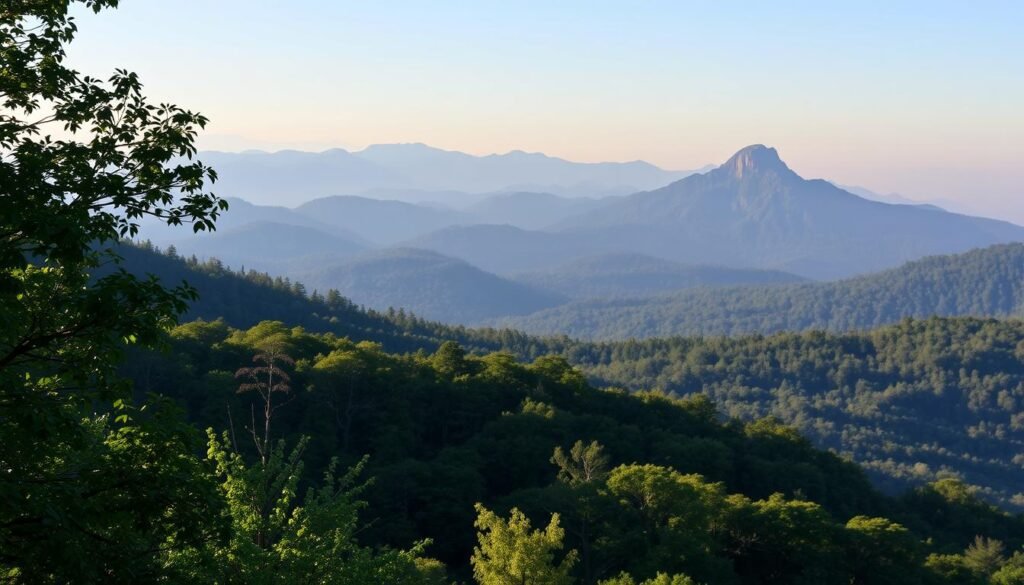 A majestic landscape of the Great Smoky Mountains, captured in a panoramic view. In the foreground, a lush forest canopy of vibrant greens, with sunlight filtering through the leaves. In the middle ground, rugged peaks rise up, their slopes blanketed in a hazy blue-gray mist. The background showcases the iconic silhouette of Clingmans Dome, the highest point in the Smokies, bathed in warm golden light. The scene conveys a sense of tranquility and awe, inviting the viewer to explore this natural wonder. Captured with a wide-angle lens, the image presents a breathtaking vista that perfectly encapsulates the essence of the Great Smoky Mountains gateway in Gatlinburg and Pigeon Forge.