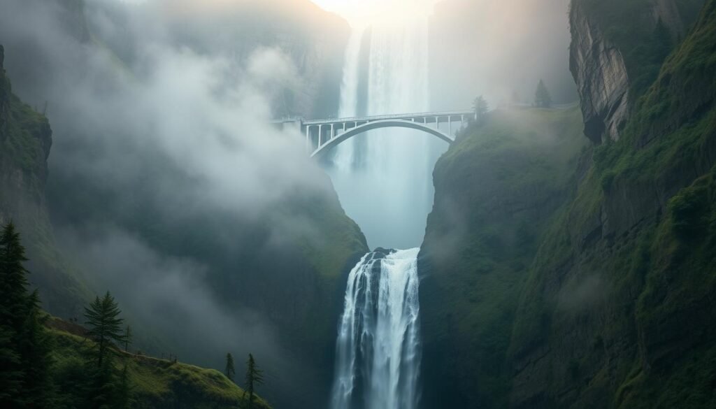 A majestic waterfall cascades through a misty, verdant gorge. Multnomah Falls, a towering, two-tiered wonder, is cloaked in a ethereal veil of mist, its waters tumbling down 620 feet against a backdrop of rugged basalt cliffs. The cool, damp air envelops the scene, creating a serene, atmospheric ambiance. Warm, diffused natural lighting filters through the mist, casting a soft, flattering glow over the tranquil landscape. The composition emphasizes the scale and grandeur of the falls, drawing the viewer's eye up the cascading tiers to the arched Benson Bridge spanning the chasm. This idyllic Pacific Northwest waterscape evokes a sense of remote, untamed beauty, perfect for a solo traveler seeking a restorative weekend immersed in nature's splendor.
