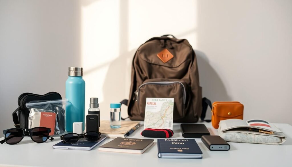 A meticulously curated travel essentials table against a neutral backdrop, illuminated by soft, natural lighting from the side. In the foreground, an array of practical items - a passport, sunglasses, a compact toiletry kit, a reusable water bottle, a power bank, and a small first-aid kit. In the middle ground, a versatile backpack, a map, and a journal with a pen. The background showcases a subtle, textured surface, hinting at the adventures to come. The overall atmosphere is one of minimalist organization, evoking a sense of preparedness and calm, perfect for a solo female traveler exploring the top U.S. destinations.
