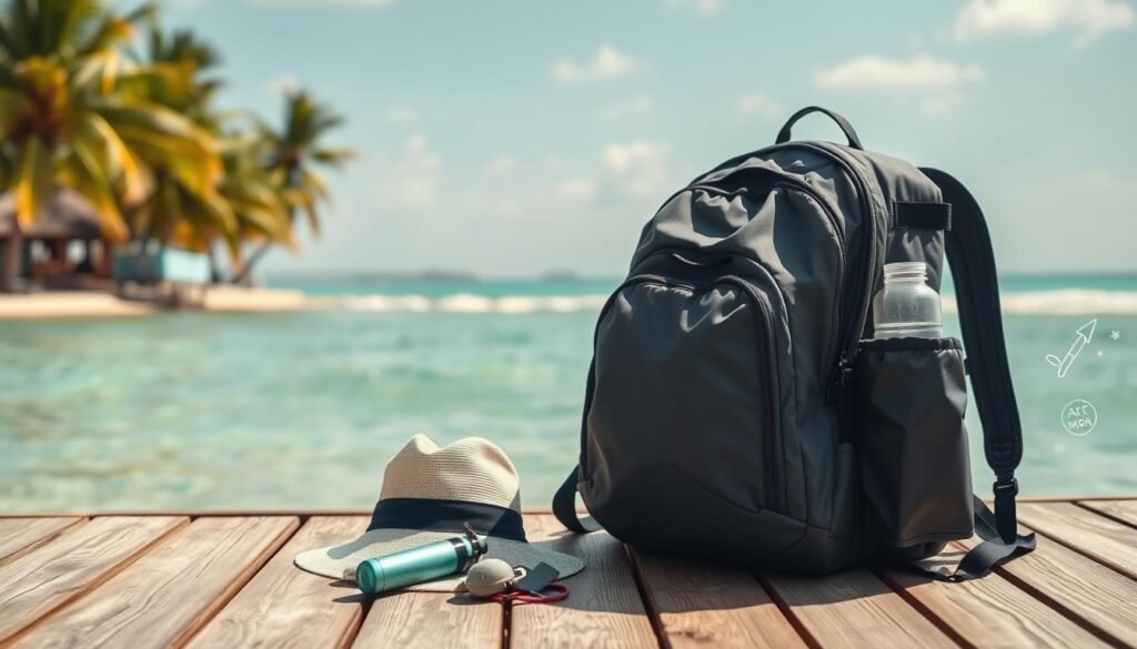A neatly organized backpack sits on a sun-dappled wooden dock, surrounded by a few essential items - a sun hat, a small water bottle, and a lightweight, versatile travel jacket. The backpack's compartments are visible, hinting at its thoughtful packing. In the background, a serene tropical beach scene unfolds, with palm trees swaying gently and soft, azure waves lapping at the shore. The overall atmosphere is one of simplicity, practicality, and the promise of an affordable, carefree Caribbean adventure.