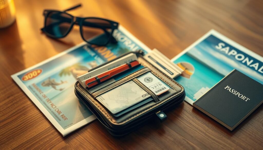 A neatly organized wallet with sections for cash, cards, and receipts sits atop a wooden table, surrounded by a travel brochure, a passport, and a pair of sunglasses. Warm, golden lighting casts a cozy glow, evoking the anticipation of a tropical getaway. The scene conveys a sense of careful planning and budgeting, with the wallet symbolizing the careful management of vacation funds. The overall composition suggests a deliberate, thoughtful approach to creating an affordable yet fulfilling Caribbean experience.