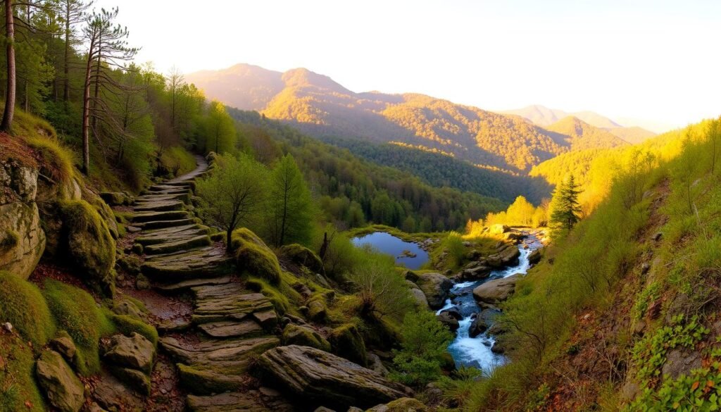 A panoramic view of the Gap Run ridge in Shenandoah's South District, with lush forest-covered peaks rising in the distance. In the foreground, a rugged trail winds through mossy boulders and cascading streams, leading the eye towards a series of serene pools nestled between rocky outcroppings. Warm golden sunlight filters through the canopy, casting a soft glow over the scene and illuminating the vibrant greens of the vegetation. The overall mood is one of tranquility and natural beauty, inviting the viewer to immerse themselves in the quiet majesty of this lesser-known corner of the Shenandoah wilderness.