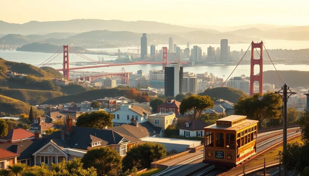 A scenic vista of San Francisco's iconic skyline, with the Golden Gate Bridge spanning the entrance to the bay. In the foreground, a picturesque cable car winds its way up the steep hills, offering a quintessential urban experience. The middle ground features the distinctive architecture of Victorian houses and modern high-rises, creating a harmonious blend of old and new. In the background, the rolling hills and lush greenery of the city's parks provide a natural counterpoint to the built environment. The scene is bathed in warm, golden afternoon light, conveying a sense of tranquility and ease, perfect for a solo female traveler exploring this compact, walkable city.