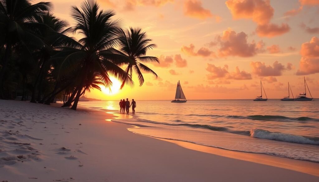 A serene beachscape on the Florida Keys, with the warm hues of a vibrant sunset casting a golden glow over the soft, powdery sand. In the foreground, gently lapping waves caress the shore, their rhythmic motion inviting visitors to pause and soak in the tranquility. Palm trees sway gently in the ocean breeze, their lush fronds casting playful shadows across the scene. In the middle ground, a few beachgoers stroll along the water's edge, their silhouettes captured in the fading light. The distant horizon is dotted with the iconic sailboats and yachts that have become synonymous with the Key West lifestyle, creating a picturesque backdrop for this idyllic tropical escape.