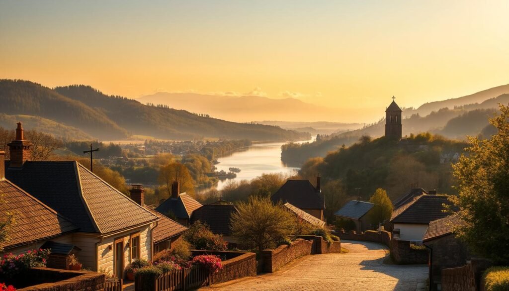 A serene countryside landscape bathed in warm, golden afternoon light. In the foreground, a charming village with quaint cottages, cobblestone streets, and blooming flower beds. In the middle ground, a meandering river reflects the surrounding hills and forests. Atop a nearby hillock, an old stone church with a bell tower stands as a tranquil focal point. In the background, hazy mountains rise up, their peaks shrouded in wispy clouds. An idyllic, peaceful scene that invites the viewer to imagine a blissful weekend getaway, filled with small-town exploration, nature walks, and moments of pure relaxation.
