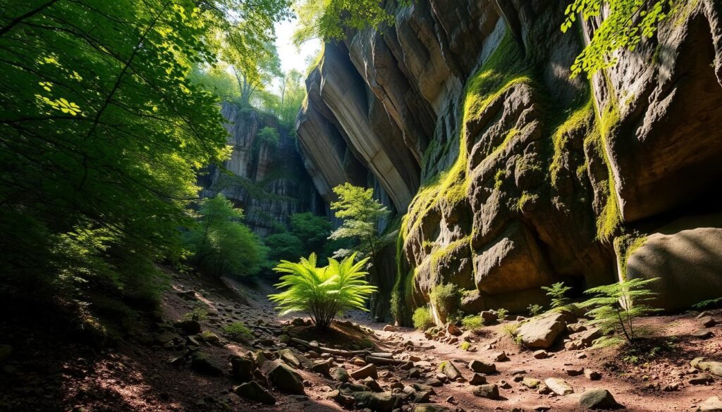 A serene karst forest in Mammoth Cave National Park, with lush, verdant foliage casting dappled shadows across the uneven terrain. Towering limestone formations, sculpted by millennia of weathering, rise up from the ground, their craggy surfaces softened by the growth of moss and ferns. A filtered, golden light filters through the canopy, illuminating the peaceful scene and creating a sense of tranquility. The air is still, save for the occasional chirping of birds, inviting the viewer to slow down and immerse themselves in the natural beauty of this hidden gem. A wide-angle lens captures the depth and scale of the landscape, drawing the eye into the recesses of the karst woods.