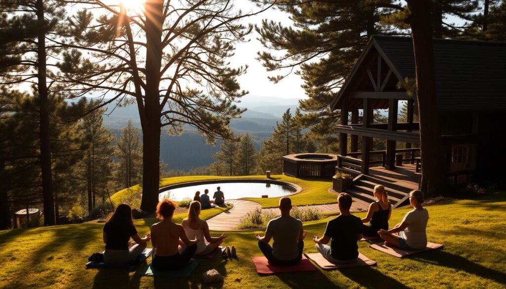 A serene meditation retreat nestled in the lush Blue Ridge Mountains, with a stunning wooden pavilion surrounded by towering pines. Warm sunlight filters through the canopy, casting a soft glow over the scene. In the foreground, a group of people sit cross-legged on meditation cushions, their eyes closed in deep contemplation. The middle ground features a winding path leading to a tranquil pond, its surface reflecting the natural beauty that surrounds it. In the background, rolling hills and distant peaks create a peaceful, secluded atmosphere. The overall mood is one of calm, rejuvenation, and a deep connection with nature.