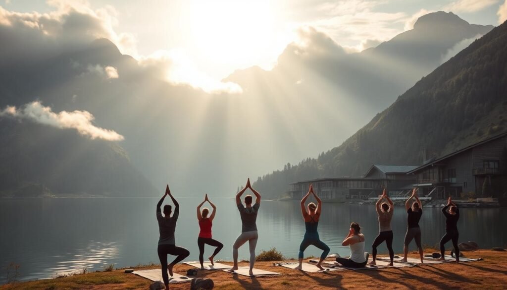 A serene mountain landscape, with the sun peeking through wispy clouds over a tranquil lake. In the foreground, a group of people engage in peaceful yoga poses, their bodies in harmony with the natural surroundings. Soft, diffused lighting creates a warm, rejuvenating atmosphere. In the middle ground, a modern, yet rustic wellness retreat blends seamlessly with the environment, its architecture designed to promote holistic well-being. The backdrop features majestic peaks, their rugged slopes covered in lush, verdant foliage, evoking a sense of grounding and connection to the earth. Overall, the image conveys a profound sense of balance, relaxation, and the integration of physical, mental, and spiritual health.