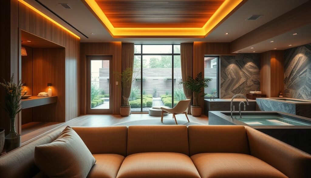 A serene spa nestled in the heart of Boston, "Release Well-Being" offers a tranquil respite from the bustling city. The elegant, modern facade invites guests into a warm, softly lit interior, where natural wood accents and soothing earth tones create a calming ambiance. In the foreground, a plush, oversized sofa beckons visitors to sink in and unwind. The middle ground features a serene meditation lounge, with floor-to-ceiling windows overlooking a manicured garden oasis. Filtered natural light bathes the space, while the background showcases a state-of-the-art hydrotherapy suite, where guests can indulge in advanced, restorative treatments. An atmosphere of peace and rejuvenation permeates the entire scene, inviting weary souls to release and recharge.