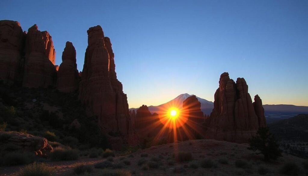 A serene sunrise over the Indian Point campsite, nestled amidst the towering rock formations of the Garden of the Gods Wilderness. Warm hues of golden light slowly illuminate the dramatic sandstone spires in the foreground, casting long shadows across the rugged terrain. In the distance, the silhouette of Pikes Peak stands majestically, its snow-capped summit glowing with the first rays of dawn. The scene is captured through the lens of a wide-angle camera, emphasizing the vastness of the landscape and the tiny human presence at the campsite. The atmosphere is one of tranquility and awe, inviting the viewer to imagine the peacefulness of waking up to this breathtaking vista.