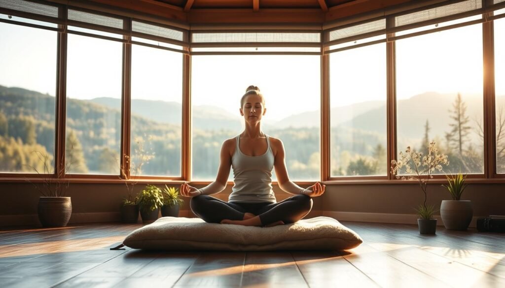A serene yoga practice set in the picturesque Berkshire mountains. In the foreground, a yogi sits cross-legged on a plush meditation cushion, their eyes closed in deep contemplation. Warm, natural lighting filters through the large windows, casting a gentle glow over the scene. The middle ground features wooden floors and earth-toned walls, with delicate plants adding a touch of greenery. In the background, rolling hills and dense forests create a tranquil, nature-inspired backdrop. The overall atmosphere evokes a sense of mindfulness, rejuvenation, and a deeper connection to the self and the natural world.