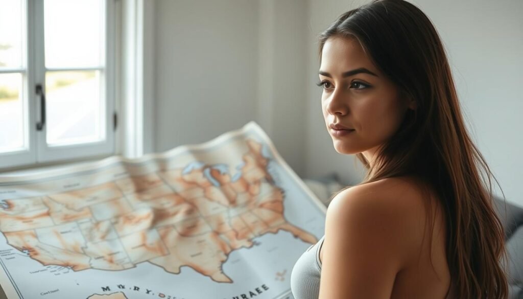 A serene young woman stands in the foreground, gazing thoughtfully at a detailed map of the United States sprawled before her. The map is rendered in muted tones, inviting her to explore its contours and possibilities. Soft, natural lighting bathes the scene, creating a sense of tranquility and introspection. The woman's expression reflects a quiet confidence, as if she is mentally matching her mood and travel preferences to the diverse landscapes depicted on the map. In the background, a window offers a glimpse of the open road, hinting at the adventure that awaits her solo journey through the country's top destinations for young female travelers.