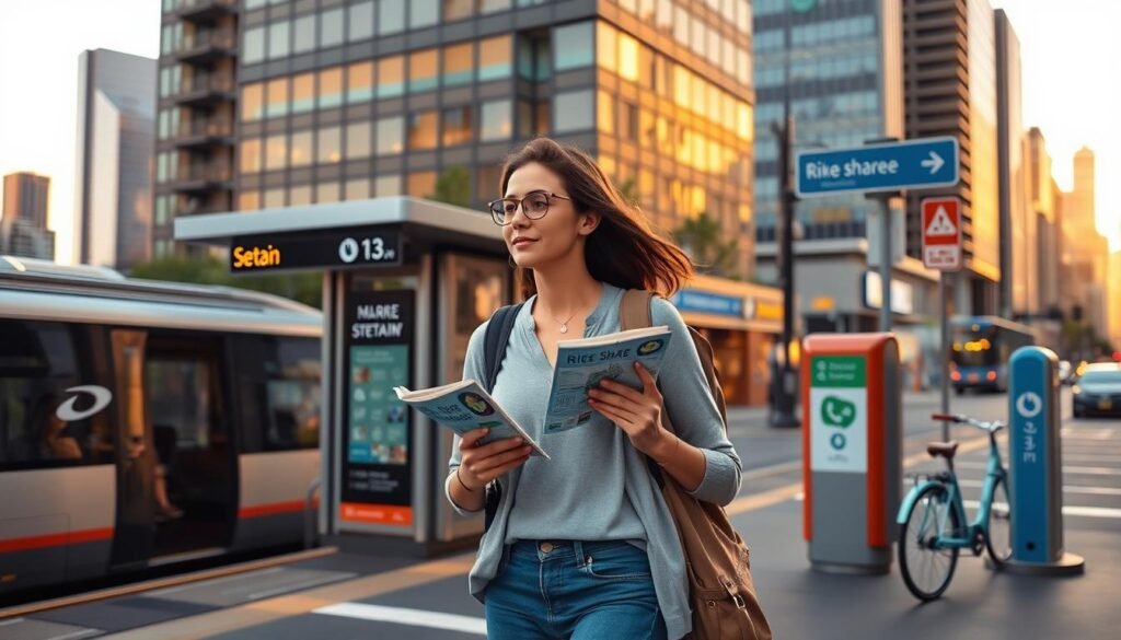 A solo female traveler navigating a bustling city street with ease. In the foreground, she strides confidently, her city map folded neatly in hand. The mid-ground features a mix of public transportation options - a sleek metro station, a modern ride-share vehicle, and a well-marked bike share kiosk. The background showcases the city skyline, bathed in warm, golden-hour lighting, conveying a sense of safety and exploration. The overall mood is one of independence, efficiency, and a hint of adventure.