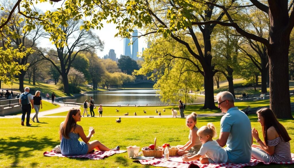 A sun-dappled afternoon in Central Park, families strolling along the winding paths, children playing on the verdant lawns. In the foreground, a group of friends picnicking on a checkered blanket, laughter and chatter filling the air. The middle ground reveals a pond with ducks gliding across the still waters, surrounded by towering trees in full bloom. In the background, the iconic skyline of New York City rises majestically, a testament to the vibrant energy of the city. Soft, golden light filters through the leaves, creating a warm, inviting atmosphere that captures the essence of a perfect family weekend escape in the heart of the urban jungle.