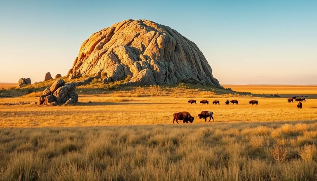 A sun-dappled granite dome rising from a sea of grass in the Wichita Mountains, Charon's Garden. Weathered, sculpted rock formations stand in stark contrast to the rolling prairie, painted in soft greens and golds. A herd of bison grazes in the distance, framed by a boundless, azure sky. The scene is bathed in warm, golden light, creating a sense of tranquility and timelessness. Capture this iconic landscape from a low, wide-angle perspective, highlighting the immense scale and solitary grandeur of the towering rock formations against the vast, open prairie.