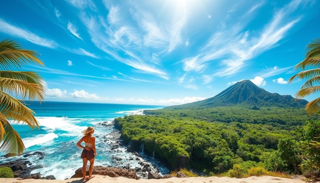 A sun-dappled tropical paradise, the Hawaiian islands of Maui and the Big Island beckon with crystal-clear waters, lush rainforests, and towering volcanic peaks. In the foreground, a lone female traveler stands on a white sand beach, gazing out at the turquoise waves crashing against the rocky shore. Overhead, wispy clouds drift across a brilliant azure sky, casting gentle shadows on the verdant landscape. In the middle ground, a verdant jungle canopy conceals cascading waterfalls and hidden trails, inviting exploration. In the distance, the imposing silhouette of a dormant volcano rises majestically, its slopes blanketed in lush vegetation. Lighting is warm and natural, with the sun filtering through the palm fronds and casting a golden glow across the scene. The overall mood is one of tranquility, adventure, and the boundless possibilities of solo travel in this island paradise.