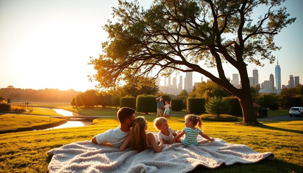 A sun-drenched family weekend getaway in the American heartland. In the foreground, a couple relaxes on a plush blanket, their children playing joyfully nearby. The middle ground features a picturesque park with lush greenery, a swaying tree canopy, and a meandering stream. In the distance, the silhouettes of iconic skyscrapers hint at the vibrant city skyline. Warm, golden lighting bathes the scene, creating a sense of contentment and togetherness. The overall atmosphere is one of relaxation, adventure, and the cherished moments shared between loved ones during a family weekend escape.