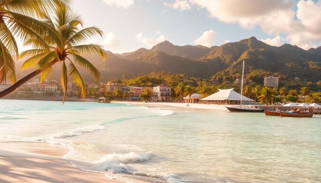 A tranquil Caribbean island getaway, with pristine white sand beaches and swaying palm trees. Turquoise waters lap gently against the shore, reflecting the warm, golden sunlight. In the middle ground, a quaint seaside village with vibrant, colorful buildings and quaint cafes. In the background, lush, verdant hills and mountains rise up, creating a picturesque, natural backdrop. The scene is bathed in a warm, hazy glow, evoking a sense of relaxation and escape. The composition is balanced, with a focus on the serene, idyllic setting, inviting the viewer to imagine themselves in this peaceful, tropical paradise.