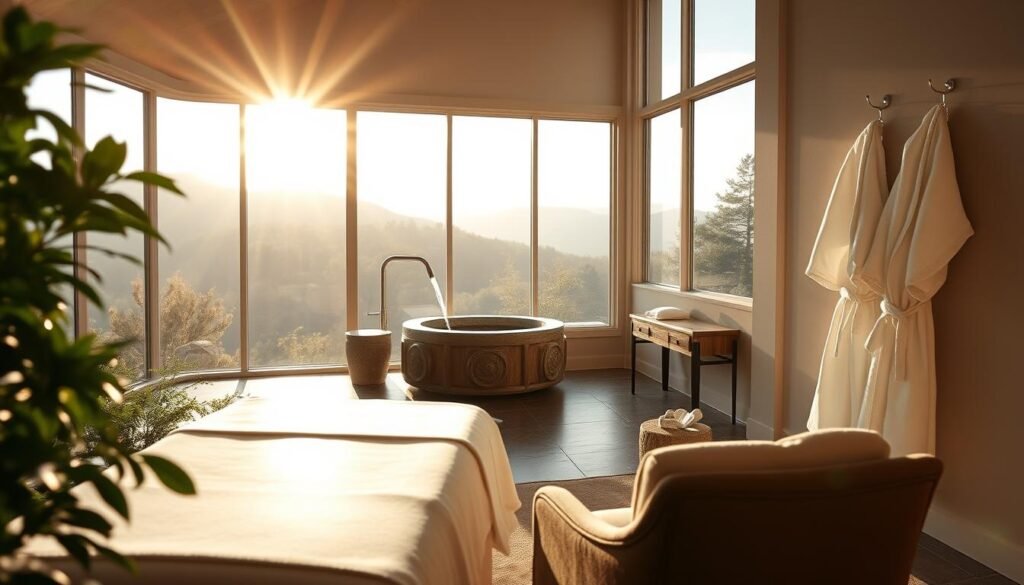 A tranquil spa oasis nestled in the lush, rolling hills of the Berkshires. Sunlight filters through large windows, casting a warm, golden glow across the serene, minimalist interior. Plush, white robes hang invitingly on hooks, while the sound of softly flowing water from a nearby fountain creates a soothing ambiance. In the foreground, a pair of cozy armchairs invite guests to sink in and unwind, while the middle ground features an elegant, marble-topped treatment table. In the background, verdant foliage and a glimpse of the cool, mountainous landscape beyond hint at the peaceful, natural setting that envelops this personalized mindfulness sanctuary.