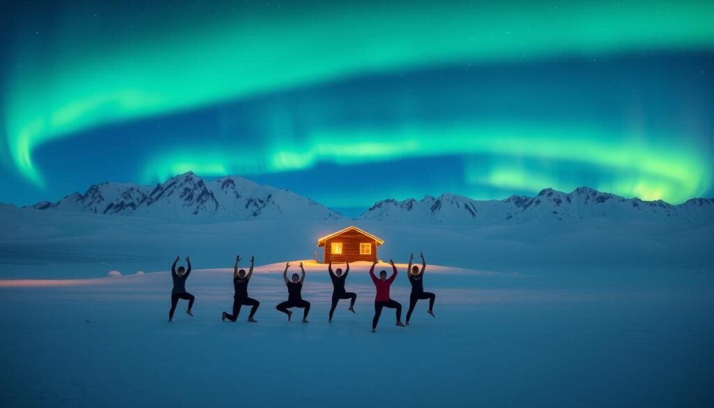 A vast, snowy landscape under the ethereal glow of the northern lights. In the foreground, a group of people perform a series of graceful yoga poses on the frozen tundra, their bodies silhouetted against the mesmerizing aurora borealis. The middle ground features a small, rustic wooden building, its warm lights inviting weary travelers to seek respite and rejuvenation. The background is dominated by the majestic, snow-capped mountains, their peaks piercing the night sky. The overall scene evokes a sense of tranquility, wonder, and a deep connection to the natural world, perfectly capturing the essence of "Arctic Hive, Alaska: a northern lights yoga school north of the Arctic Circle".