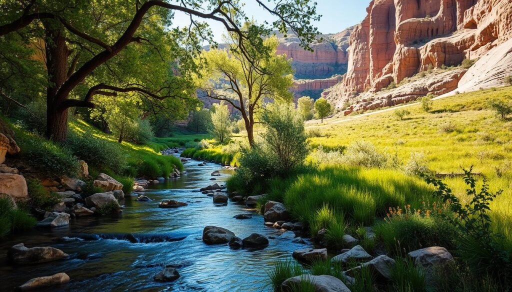 Lush, verdant oasis nestled in the rugged Dinosaur National Monument landscape. A tranquil creek winds through a verdant meadow, flanked by towering sandstone cliffs. Dappled sunlight filters through the canopy of cottonwood trees, casting a warm, golden glow over the serene scene. In the foreground, a shallow stream flows gently over smooth river rocks, inviting hikers to cool their feet. The middle ground reveals a patchwork of lush grasses and vibrant wildflowers, while the distant background is dominated by the majestic, sculpted rock formations characteristic of this remote, untamed wilderness. An idyllic, restorative respite along the Jones Hole trail.