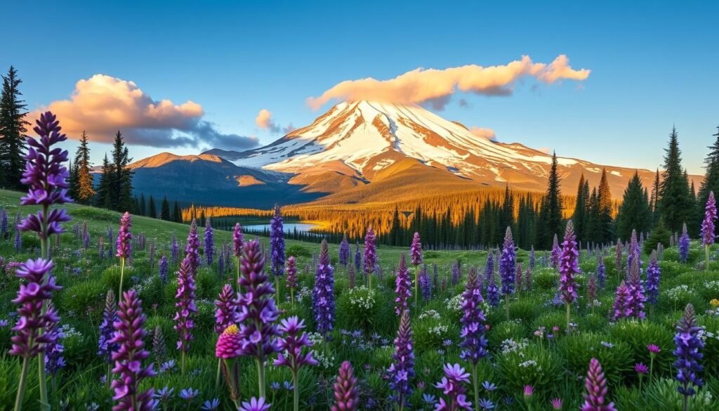 Pacific Northwest National Parks Road Trip featuring Mount Rainier with wildflowers
