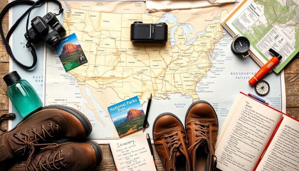 Planning a National Parks Road Trip Western U.S. with map and camping gear