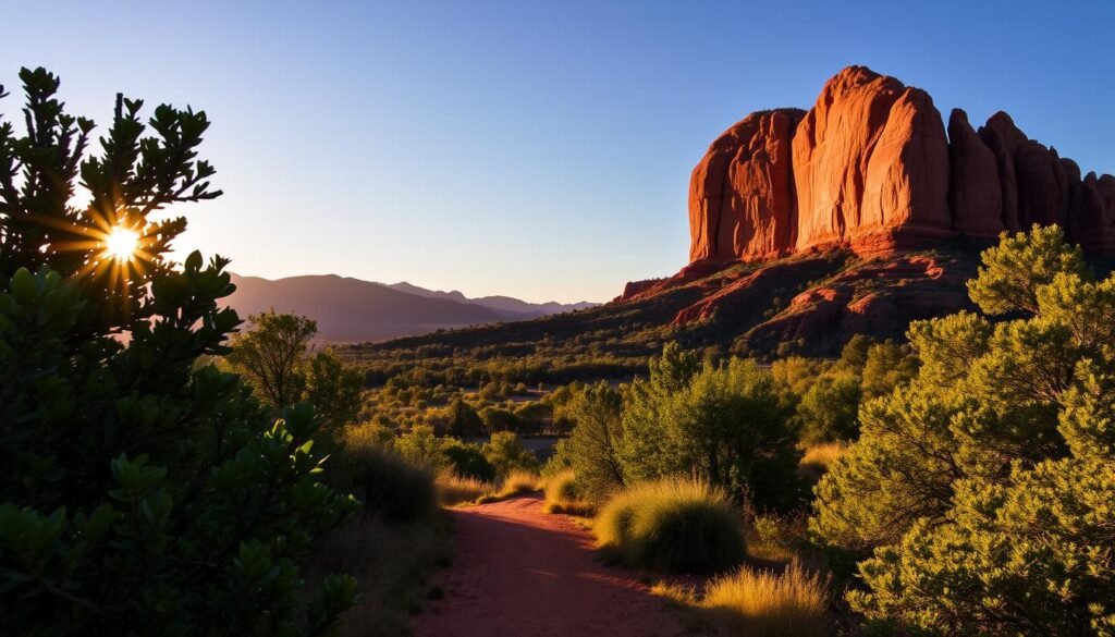 Sedona sunrise Cathedral Rock: A serene landscape bathed in the warm glow of the rising sun, capturing the majestic beauty of Cathedral Rock, one of Sedona's iconic red sandstone formations. In the foreground, a winding trail leads the viewer through the lush, verdant foliage, inviting a peaceful morning stroll. The middle ground features the towering, angular silhouette of Cathedral Rock, its hues shifting from deep crimson to vibrant orange as the sun's rays caress its surface. In the background, the distant mountains and clear azure sky create a harmonious, tranquil atmosphere, evoking a sense of solitude and connection with nature.