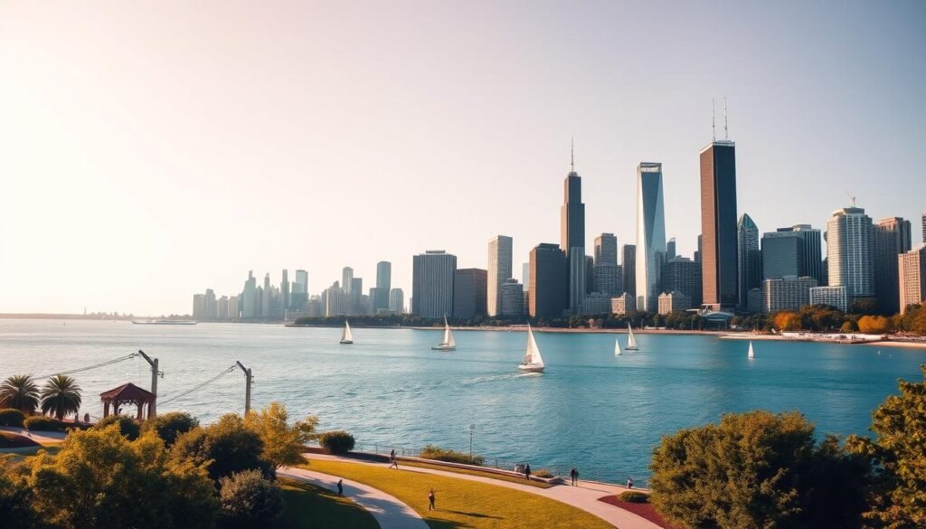 Sweeping cityscape of Chicago's iconic lakefront, capturing the serene waters of Lake Michigan reflecting the dramatic skyline. In the foreground, lush greenery and a winding path invite pedestrians to explore the scenic waterfront. Mid-ground features sailboats and kayaks dotting the tranquil lake, while the background showcases the towering skyscrapers of downtown Chicago, bathed in warm, golden afternoon light. The overall atmosphere evokes a sense of tranquility and urban sophistication, perfect for a family weekend getaway.