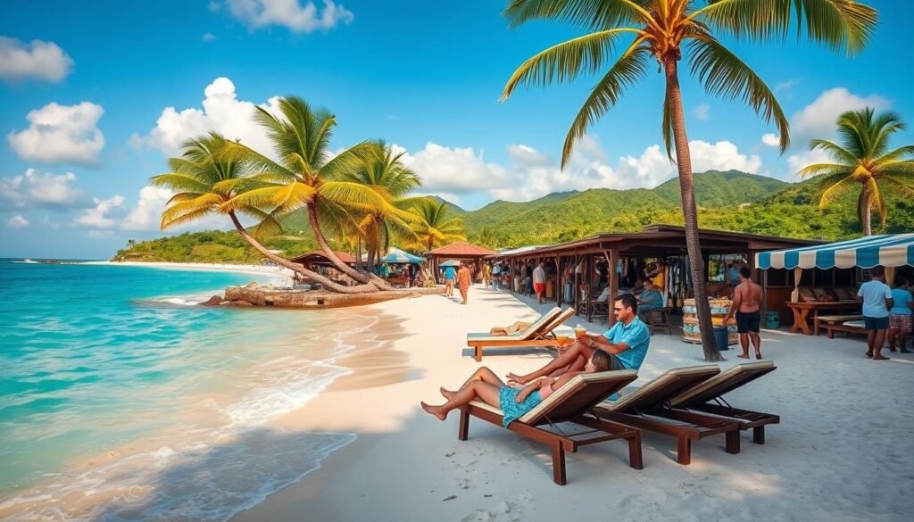 Vibrant azure waters lapping against a sun-drenched white sand beach, palm trees swaying gently in the tropical breeze. In the foreground, a couple relaxing on lounge chairs, sipping colorful cocktails and taking in the breathtaking Caribbean scenery. The mid-ground features a bustling open-air market, with local vendors offering an array of handcrafted goods and fresh produce. In the distance, verdant hills and lush, forested landscapes create a picturesque backdrop, bathed in the warm, golden light of the setting sun. This idyllic Caribbean vacation scene conveys a sense of relaxation, adventure, and the perfect balance of serenity and liveliness.