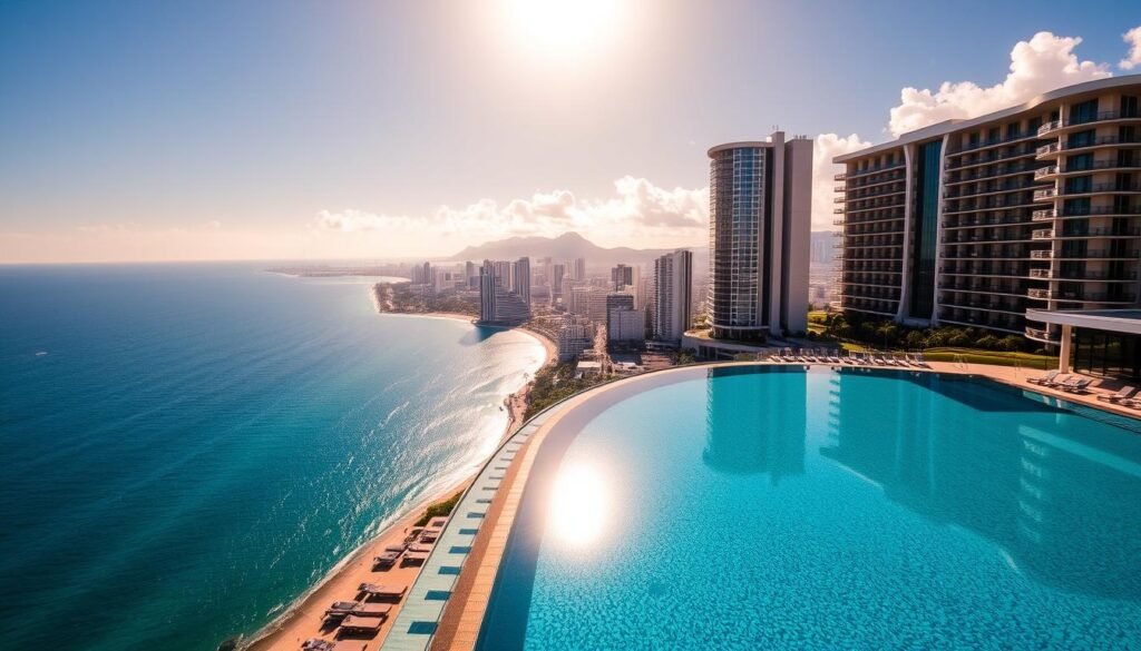 A breathtaking aerial view of the Ritz-Carlton Residences, Waikiki Beach, with its sleek, modern architecture rising majestically against the backdrop of the Pacific Ocean. The foreground showcases the resort's stunning infinity pool, its crystal-clear waters reflecting the azure sky and the distant cityscape. Bathed in warm, golden sunlight, the scene exudes a serene and luxurious atmosphere, capturing the essence of sophisticated city-ocean living. The middle ground reveals the seamless integration of the residential towers with the surrounding landscape, while the background offers a panoramic view of Waikiki's iconic skyline and the distant mountains. The image conveys a sense of exclusivity, comfort, and relaxation, perfectly aligning with the section title. A breathtaking aerial view of the Ritz-Carlton Residences, Waikiki Beach, with its sleek, modern architecture rising majestically against the backdrop of the Pacific Ocean. The foreground showcases the resort's stunning infinity pool, its crystal-clear waters reflecting the azure sky and the distant cityscape. Bathed in warm, golden sunlight, the scene exudes a serene and luxurious atmosphere, capturing the essence of sophisticated city-ocean living. The middle ground reveals the seamless integration of the residential towers with the surrounding landscape, while the background offers a panoramic view of Waikiki's iconic skyline and the distant mountains. The image conveys a sense of exclusivity, comfort, and relaxation, perfectly aligning with the section title.