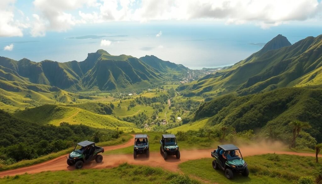 A breathtaking panoramic view of Kualoa Ranch, the iconic filming location in Hawaii. In the foreground, a group of adventurers explore the lush, verdant landscape aboard a fleet of rugged UTV Raptors, their dust trails weaving through the winding paths. In the middle ground, towering green mountains with sharp, jagged peaks frame the scene, their slopes dotted with tropical foliage. In the background, the shimmering azure waters of Kaneohe Bay stretch out, with the distant silhouettes of volcanic islands on the horizon. Warm, golden sunlight filters through wispy clouds, casting a serene, cinematic glow over the entire tableau. The overall mood is one of awe-inspiring natural beauty, outdoor adventure, and the enchanting, movie-worthy allure of this legendary Hawaiian destination. A breathtaking panoramic view of Kualoa Ranch, the iconic filming location in Hawaii. In the foreground, a group of adventurers explore the lush, verdant landscape aboard a fleet of rugged UTV Raptors, their dust trails weaving through the winding paths. In the middle ground, towering green mountains with sharp, jagged peaks frame the scene, their slopes dotted with tropical foliage. In the background, the shimmering azure waters of Kaneohe Bay stretch out, with the distant silhouettes of volcanic islands on the horizon. Warm, golden sunlight filters through wispy clouds, casting a serene, cinematic glow over the entire tableau. The overall mood is one of awe-inspiring natural beauty, outdoor adventure, and the enchanting, movie-worthy allure of this legendary Hawaiian destination.
