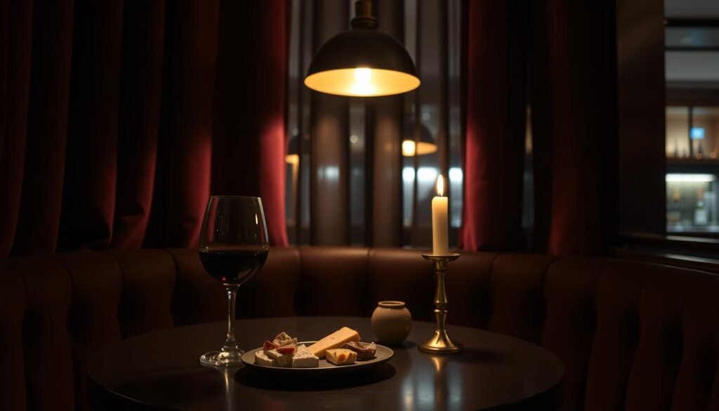 A cozy corner table in a dimly lit wine bar, illuminated by the warm glow of a single hanging lamp. On the table, a solitary wine glass, half-filled with a deep ruby red vintage, rests beside a small plate of artisanal cheeses and cured meats. The rich, velvety curtains in the background create a sense of intimacy, while the soft, ambient music and muted chatter evoke a feeling of tranquility and quiet contemplation. A single, elegant stemmed candle flickers, casting a romantic, introspective atmosphere over the scene. A cozy corner table in a dimly lit wine bar, illuminated by the warm glow of a single hanging lamp. On the table, a solitary wine glass, half-filled with a deep ruby red vintage, rests beside a small plate of artisanal cheeses and cured meats. The rich, velvety curtains in the background create a sense of intimacy, while the soft, ambient music and muted chatter evoke a feeling of tranquility and quiet contemplation. A single, elegant stemmed candle flickers, casting a romantic, introspective atmosphere over the scene.