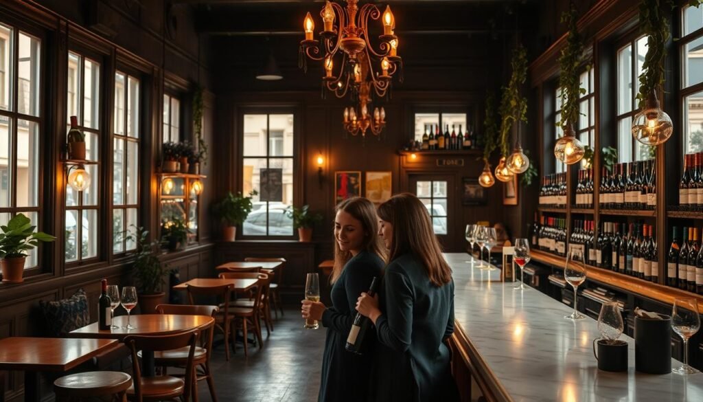 A cozy, dimly-lit Parisian wine bar, filled with natural light from large windows. Wooden tables, mismatched chairs, and a long marble bar create a relaxed, intimate atmosphere. Bottles of natural, biodynamic wines line the shelves, casting a warm, amber glow. In the foreground, a couple shares a bottle and a plate of small bites, their faces aglow with the soft, romantic lighting. Potted plants and trailing vines add pops of greenery, while a vintage chandelier casts a gentle, flickering light overhead. The mood is one of languid sophistication, perfect for a leisurely date night. A cozy, dimly-lit Parisian wine bar, filled with natural light from large windows. Wooden tables, mismatched chairs, and a long marble bar create a relaxed, intimate atmosphere. Bottles of natural, biodynamic wines line the shelves, casting a warm, amber glow. In the foreground, a couple shares a bottle and a plate of small bites, their faces aglow with the soft, romantic lighting. Potted plants and trailing vines add pops of greenery, while a vintage chandelier casts a gentle, flickering light overhead. The mood is one of languid sophistication, perfect for a leisurely date night.