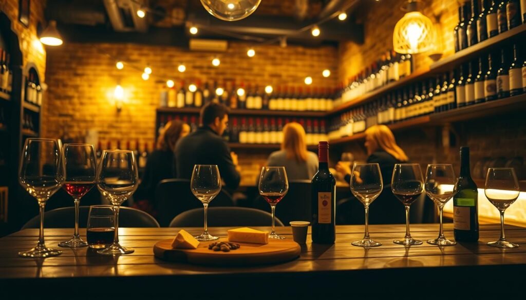 A cozy, dimly lit wine bar scene with a prominent table in the foreground, adorned with a collection of wine glasses, bottles, and a cheese board. The middle ground features a few patrons sipping wine and conversing, while the background showcases a warm, inviting atmosphere with exposed brick walls, string lights, and shelves lined with wine bottles. The lighting is soft and warm, creating a convivial and relaxed mood, perfect for an indulgent happy hour. The overall composition evokes a sense of sophisticated yet casual enjoyment, capturing the essence of a lively and budget-friendly wine bar experience. A cozy, dimly lit wine bar scene with a prominent table in the foreground, adorned with a collection of wine glasses, bottles, and a cheese board. The middle ground features a few patrons sipping wine and conversing, while the background showcases a warm, inviting atmosphere with exposed brick walls, string lights, and shelves lined with wine bottles. The lighting is soft and warm, creating a convivial and relaxed mood, perfect for an indulgent happy hour. The overall composition evokes a sense of sophisticated yet casual enjoyment, capturing the essence of a lively and budget-friendly wine bar experience.