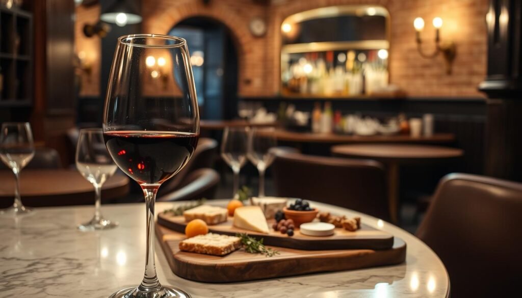 A cozy, dimly-lit wine bar with a chic, intimate atmosphere. In the foreground, a glass of rich, ruby-hued Gem Wine wine rests on a sleek, marble-topped table, its subtle floral aroma wafting through the air. The middle ground features a display of artisanal cheese plates and seasonal small bites, presented on wooden boards and accompanied by fresh herbs and dried fruits. The background showcases the bar's elegant decor, with exposed brick walls, brass accents, and soft, warm lighting casting a flattering glow over the scene. The overall mood is one of relaxation, indulgence, and a celebration of the finer things in life. A cozy, dimly-lit wine bar with a chic, intimate atmosphere. In the foreground, a glass of rich, ruby-hued Gem Wine wine rests on a sleek, marble-topped table, its subtle floral aroma wafting through the air. The middle ground features a display of artisanal cheese plates and seasonal small bites, presented on wooden boards and accompanied by fresh herbs and dried fruits. The background showcases the bar's elegant decor, with exposed brick walls, brass accents, and soft, warm lighting casting a flattering glow over the scene. The overall mood is one of relaxation, indulgence, and a celebration of the finer things in life.