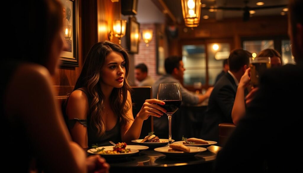 A cozy nook in a dimly lit wine bar, a young woman savoring a glass of red wine and a selection of small plates on the table before her. Warm lighting casts a soft glow, creating an intimate, relaxed atmosphere. The woman's gaze is thoughtful, her posture casual and comfortable. Around her, the space is filled with the gentle hum of conversation and the clinking of glasses. The scene evokes a sense of indulgence, pleasure, and the simple joy of an evening spent indulging in good food, good wine, and good company - the essence of a "girl dinner" experience. A cozy nook in a dimly lit wine bar, a young woman savoring a glass of red wine and a selection of small plates on the table before her. Warm lighting casts a soft glow, creating an intimate, relaxed atmosphere. The woman's gaze is thoughtful, her posture casual and comfortable. Around her, the space is filled with the gentle hum of conversation and the clinking of glasses. The scene evokes a sense of indulgence, pleasure, and the simple joy of an evening spent indulging in good food, good wine, and good company - the essence of a "girl dinner" experience.